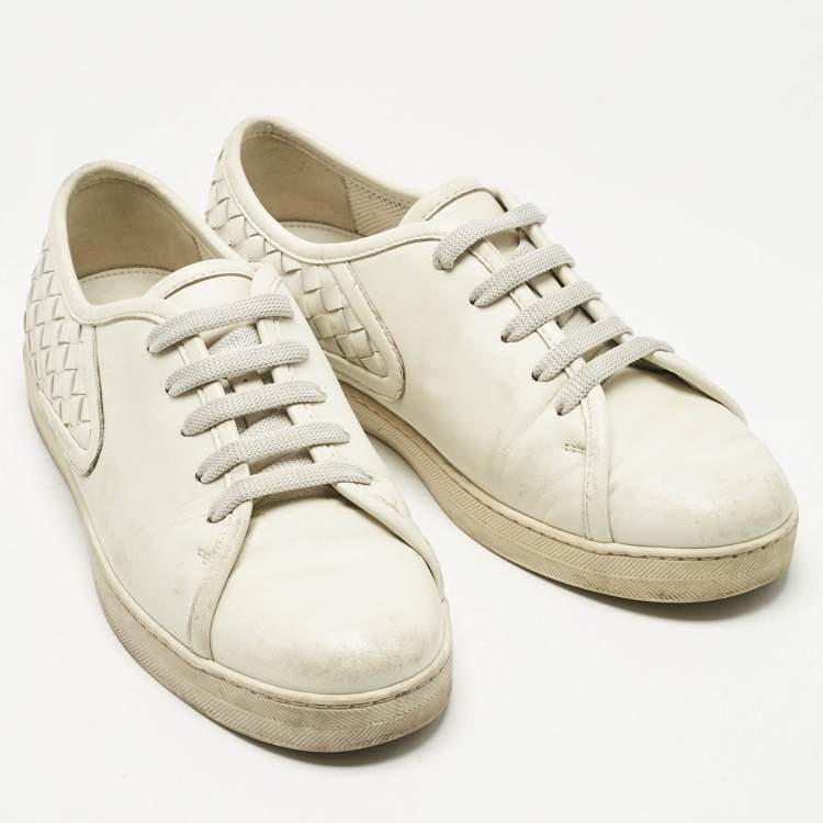 Pre Owned Bottega Veneta White Intrecciato Leather Low Top Sneakers Size 38
