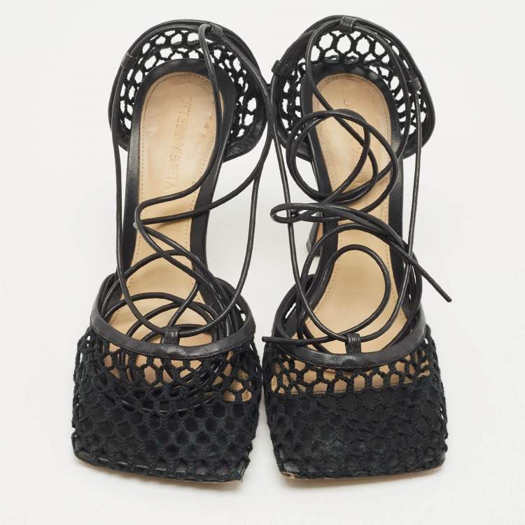 Pre Owned Bottega Veneta Black Crochet Mesh and Leather Stretch Ankle Wrap Pumps Size 36