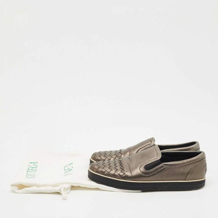 Pre Owned Bottega Veneta Metallic Grey Intrecciato Leather Slip On Sneakers Size 37.5