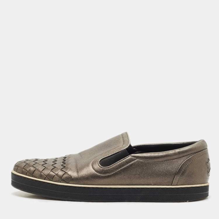 Pre Owned Bottega Veneta Metallic Grey Intrecciato Leather Slip On Sneakers Size 37.5