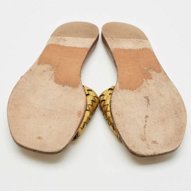 Pre Owned Bottega Veneta Gold Intrecciato Leather Flat Slides Size 41