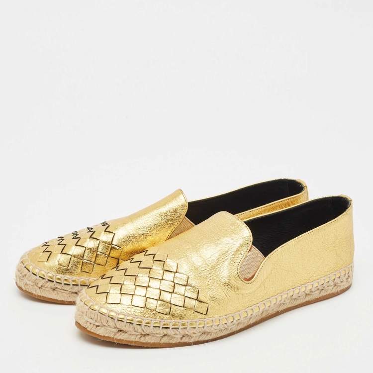 Pre Owned Bottega Veneta Gold Leather Intrecciato Espadrille Flats Size 37
