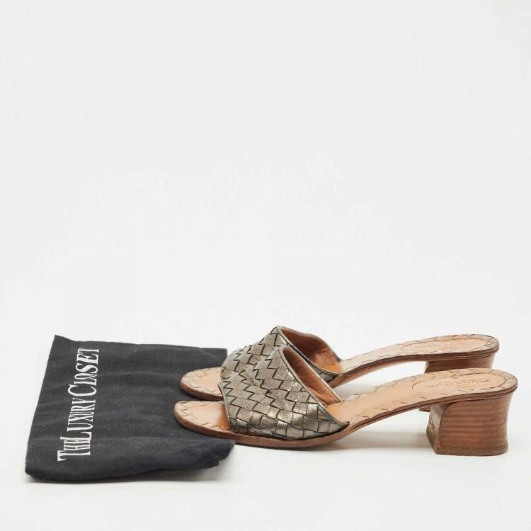 Pre Owned Bottega Veneta Metallic Intrecciato Leather Ravello Slide Sandals Size 37.5