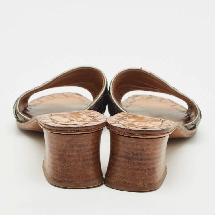 Pre Owned Bottega Veneta Metallic Intrecciato Leather Ravello Slide Sandals Size 37.5