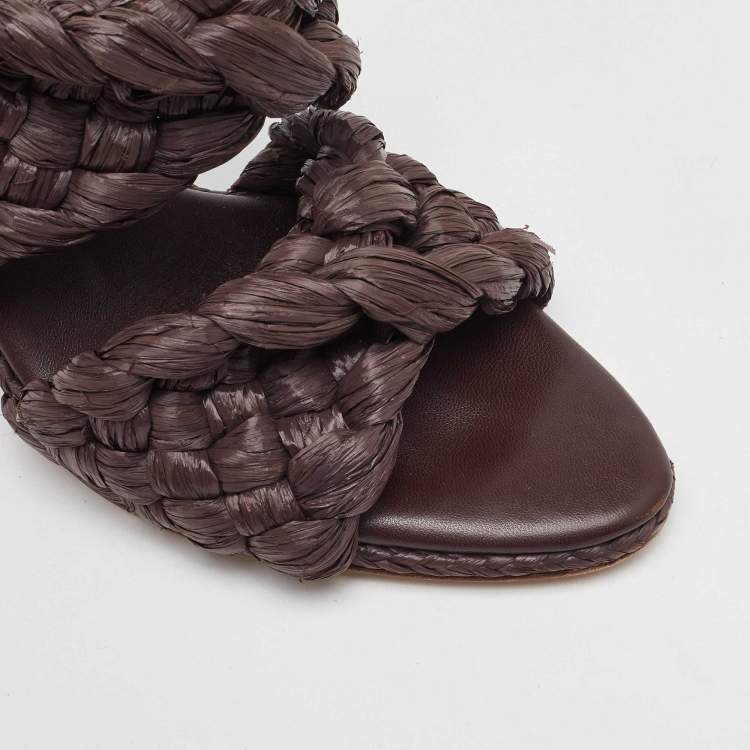 Pre Owned Bottega Veneta Dark Brown Raffia The Curve Slide Sandals Size 38