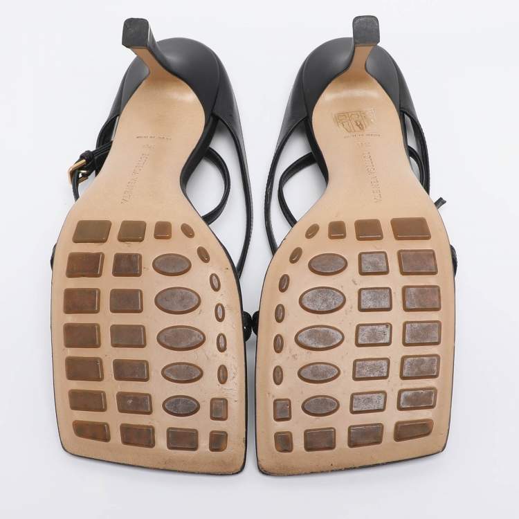 Pre Owned Bottega Veneta Black Leather Stretch Square Ankle Strap Sandals Size 38