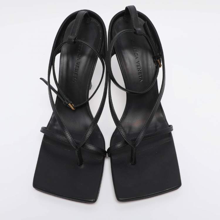 Pre Owned Bottega Veneta Black Leather Stretch Square Ankle Strap Sandals Size 38