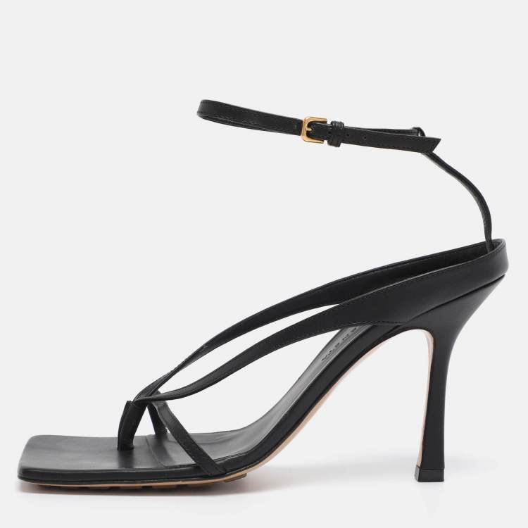 Pre Owned Bottega Veneta Black Leather Stretch Square Ankle Strap Sandals Size 38