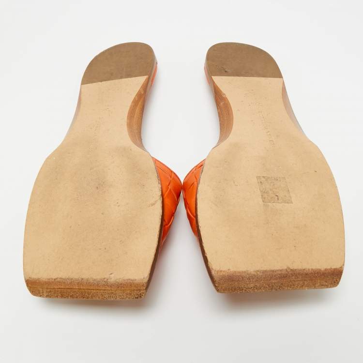 Pre Owned Bottega Veneta Orange Intrecciato Leather Flat Slide Sandals Size 39.5
