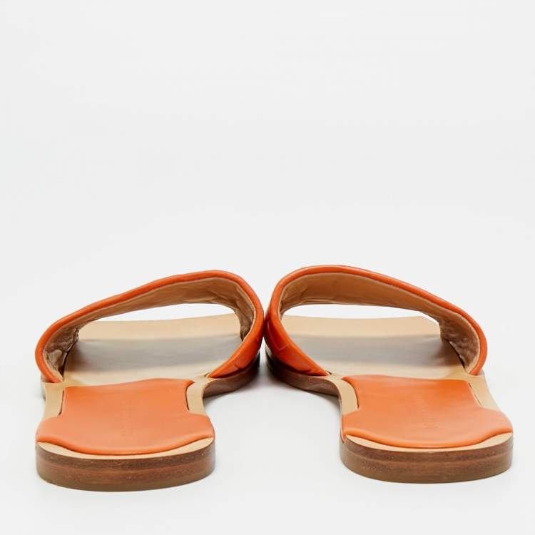 Pre Owned Bottega Veneta Orange Intrecciato Leather Flat Slide Sandals Size 39.5