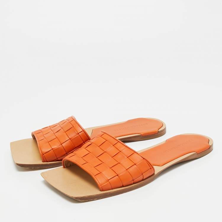 Pre Owned Bottega Veneta Orange Intrecciato Leather Flat Slide Sandals Size 39.5