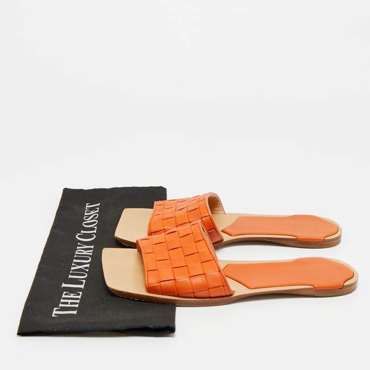 Pre Owned Bottega Veneta Orange Intrecciato Leather Flat Slide Sandals Size 39.5
