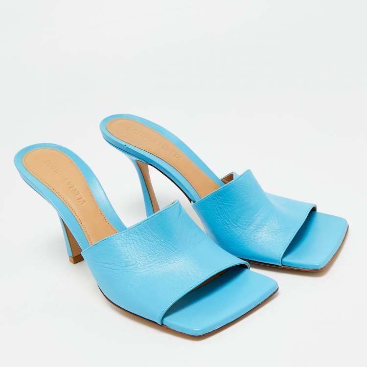 Pre Owned Bottega Veneta Blue Leather Stretch Slide Sandals Size 39