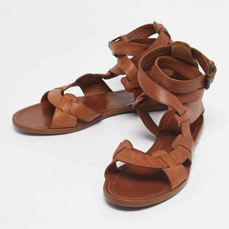 Pre Owned Bottega Veneta Brown Leather Ankle Wrap Flat Sandals Size 39