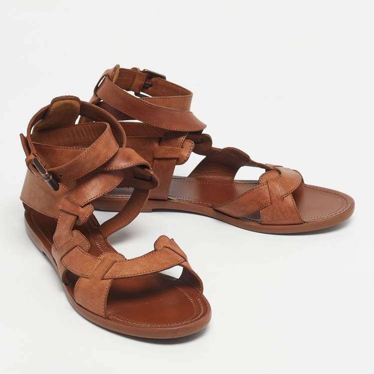 Pre Owned Bottega Veneta Brown Leather Ankle Wrap Flat Sandals Size 39