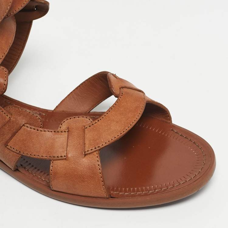 Pre Owned Bottega Veneta Brown Leather Ankle Wrap Flat Sandals Size 39