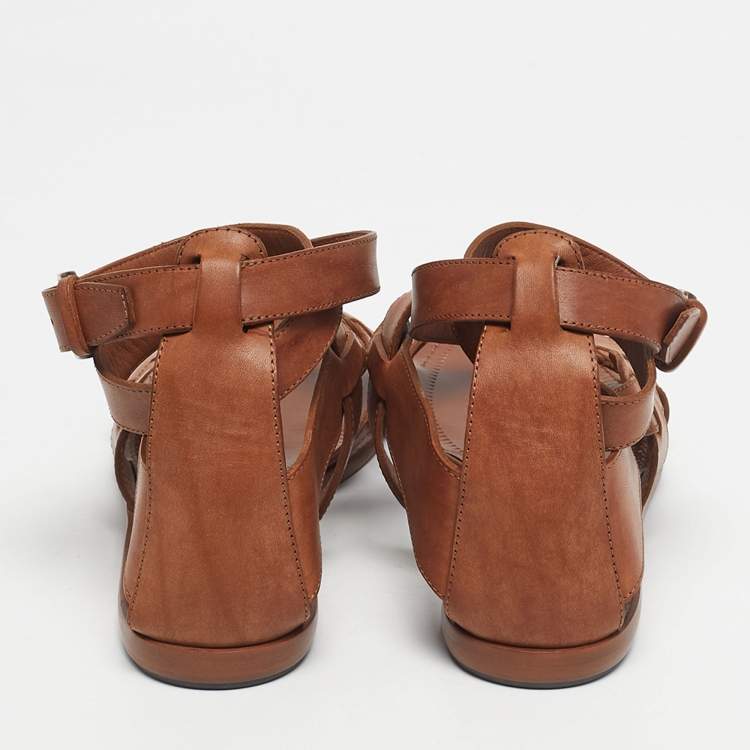 Pre Owned Bottega Veneta Brown Leather Ankle Wrap Flat Sandals Size 39