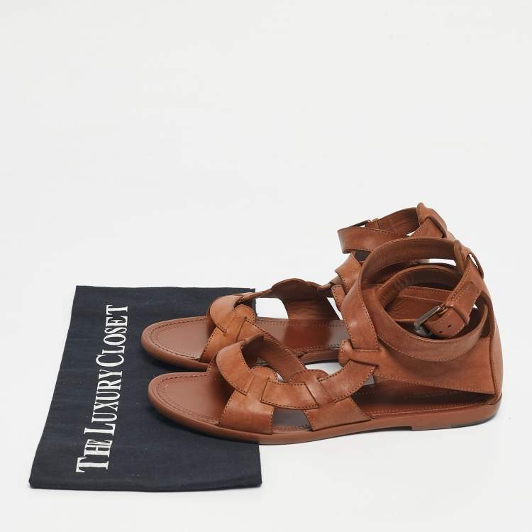 Pre Owned Bottega Veneta Brown Leather Ankle Wrap Flat Sandals Size 39