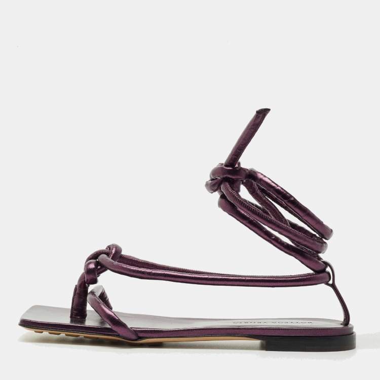 Pre Owned Bottega Veneta Metallic Purple Leather Knot Ankle Strap Flats Size 39