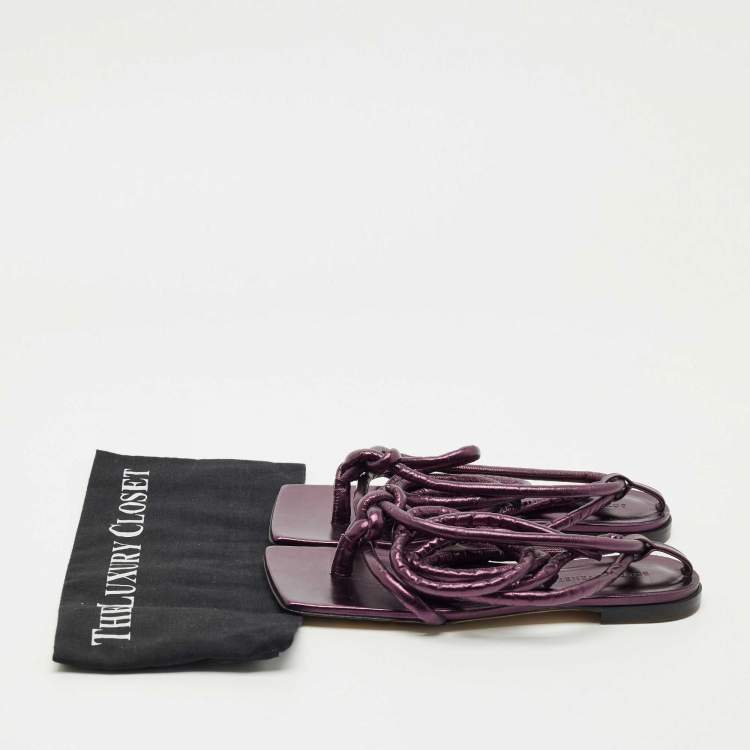 Pre Owned Bottega Veneta Metallic Purple Leather Knot Ankle Strap Flats Size 39