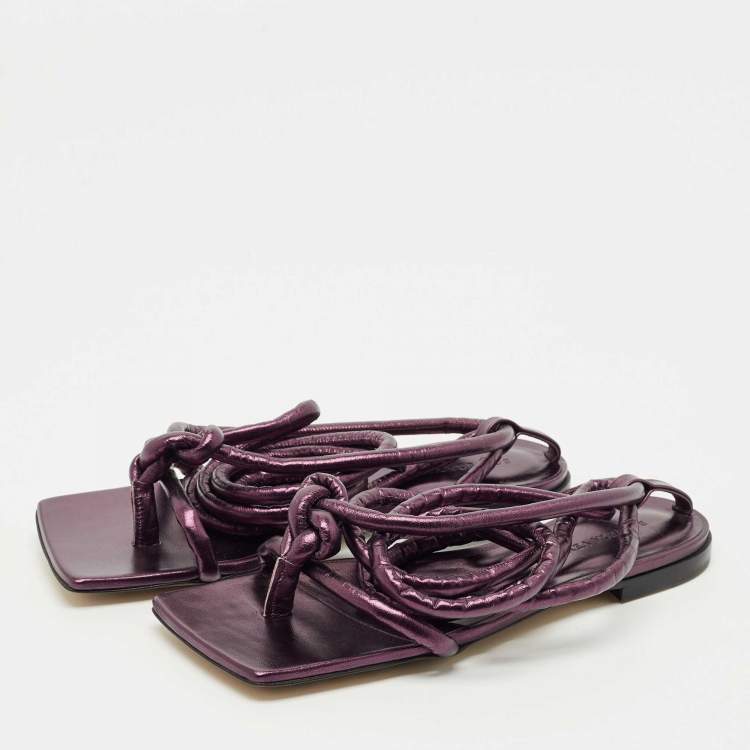 Pre Owned Bottega Veneta Metallic Purple Leather Knot Ankle Strap Flats Size 39