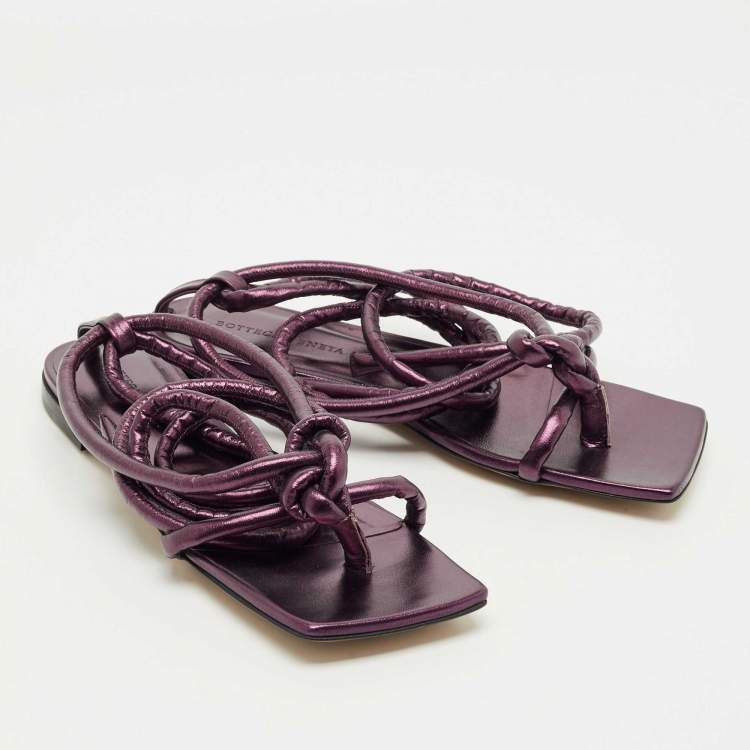 Pre Owned Bottega Veneta Metallic Purple Leather Knot Ankle Strap Flats Size 39