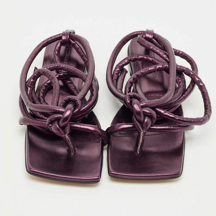 Pre Owned Bottega Veneta Metallic Purple Leather Knot Ankle Strap Flats Size 39