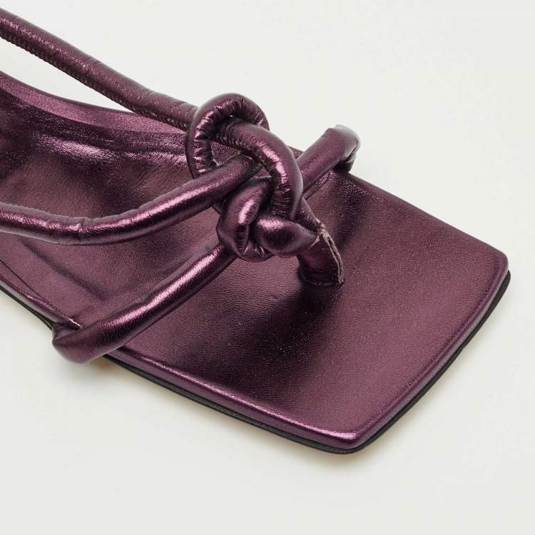 Pre Owned Bottega Veneta Metallic Purple Leather Knot Ankle Strap Flats Size 39