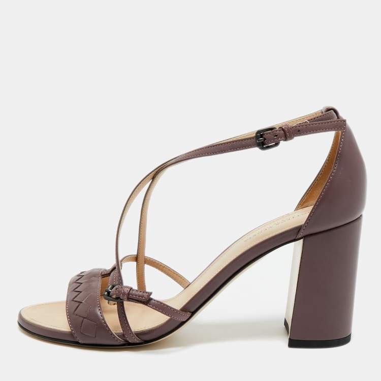 Pre Owned Bottega Veneta Mauve Intrecciato Leather Ankle Strap Sandals Size 37.5