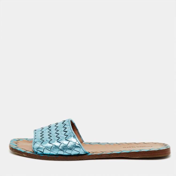 Pre Owned Bottega Veneta Metallic Blue Intrecciato Leather Flat Slides Size 37