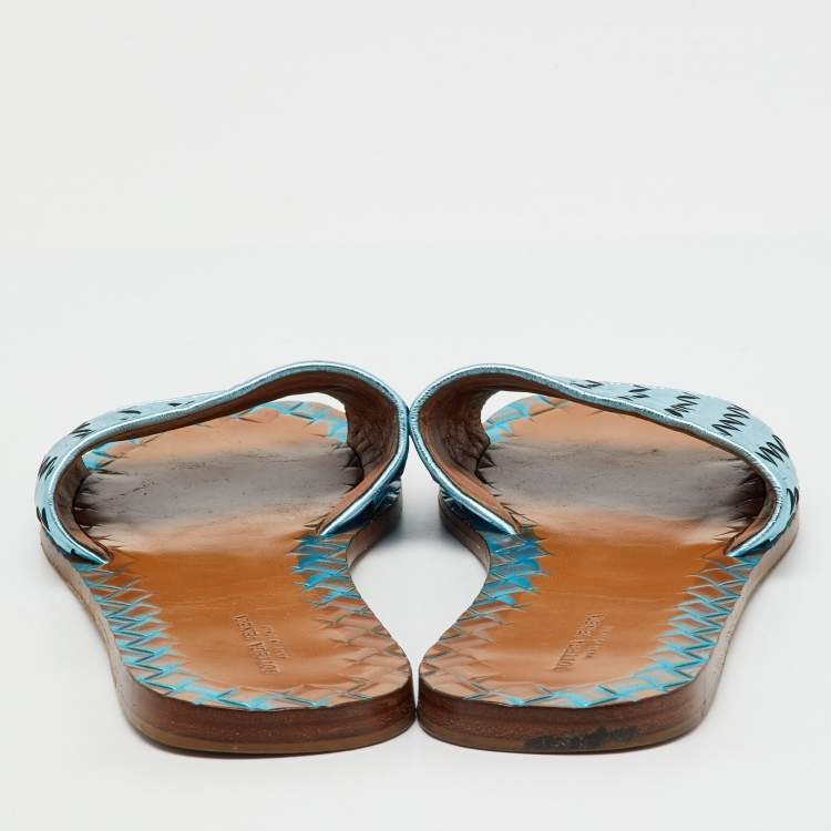 Pre Owned Bottega Veneta Metallic Blue Intrecciato Leather Flat Slides Size 37