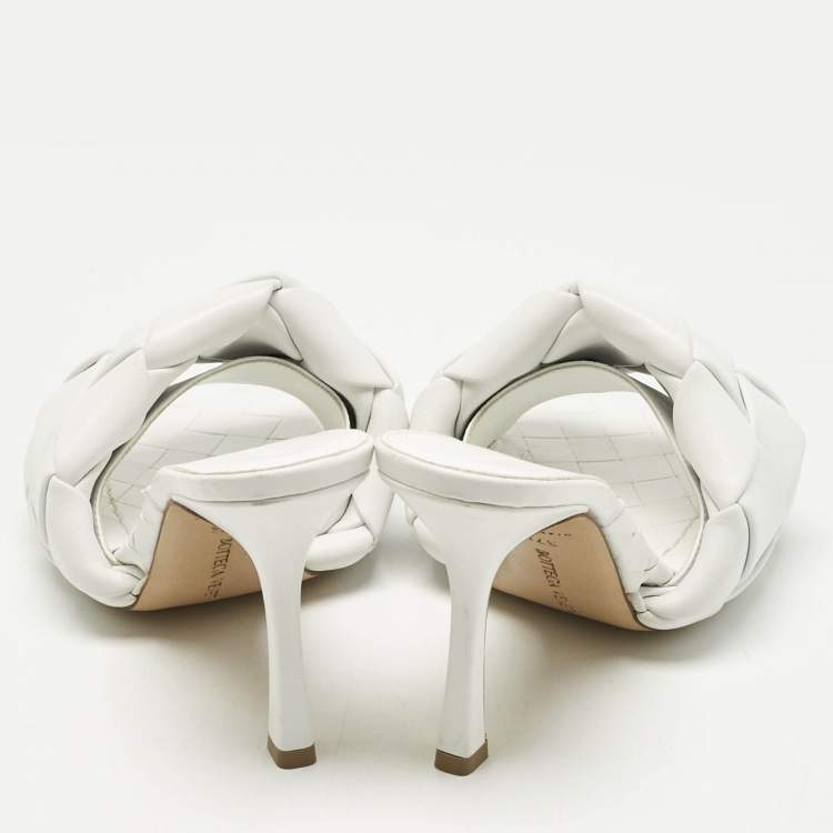 Pre Owned Bottega Veneta White Leather Intrecciato Lido Slide Sandals Size 37.5