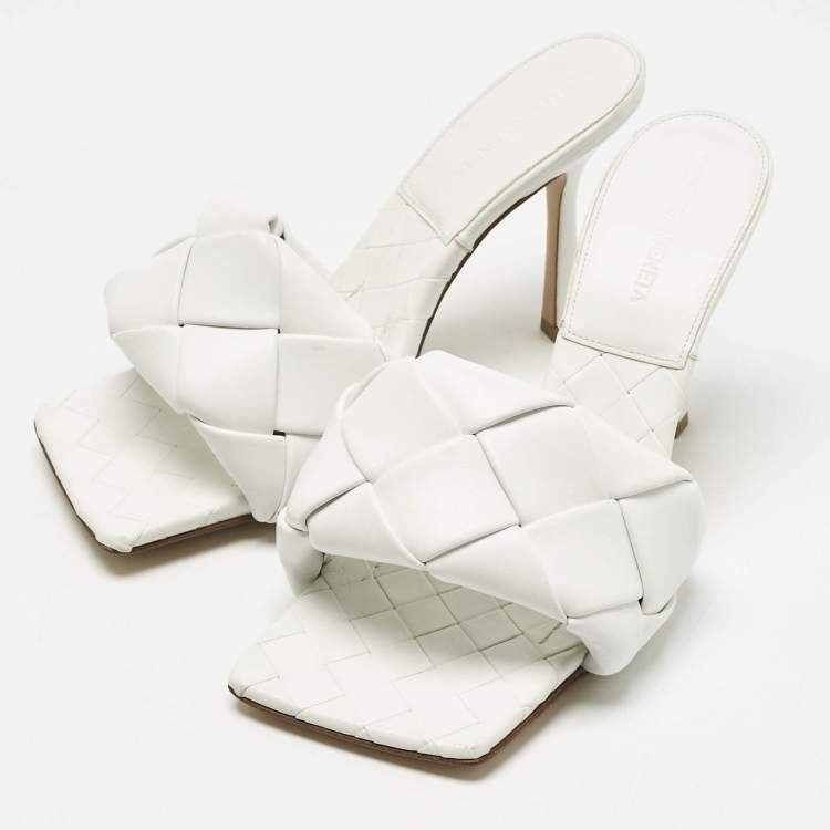 Pre Owned Bottega Veneta White Leather Intrecciato Lido Slide Sandals Size 37.5