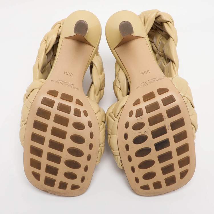 Pre Owned Bottega Veneta Lemon Woven Leather Intrecciato Ankle Strap Sandals Size 38.5