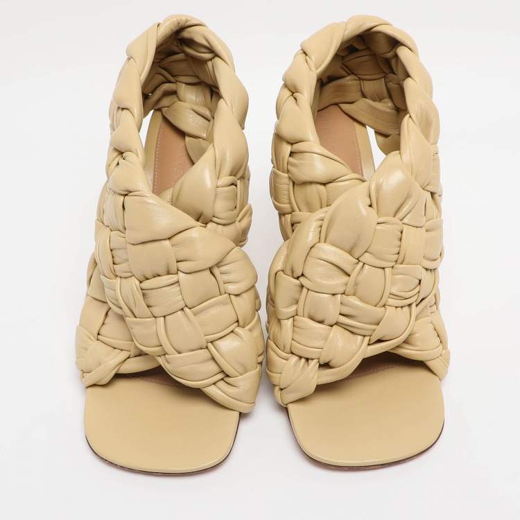 Pre Owned Bottega Veneta Lemon Woven Leather Intrecciato Ankle Strap Sandals Size 38.5