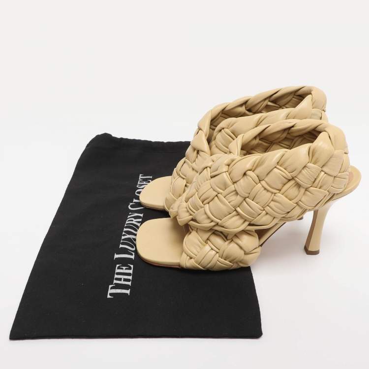 Pre Owned Bottega Veneta Lemon Woven Leather Intrecciato Ankle Strap Sandals Size 38.5