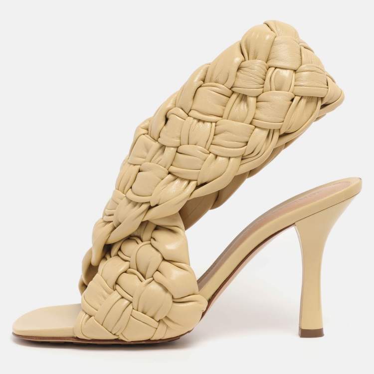 Pre Owned Bottega Veneta Lemon Woven Leather Intrecciato Ankle Strap Sandals Size 38.5