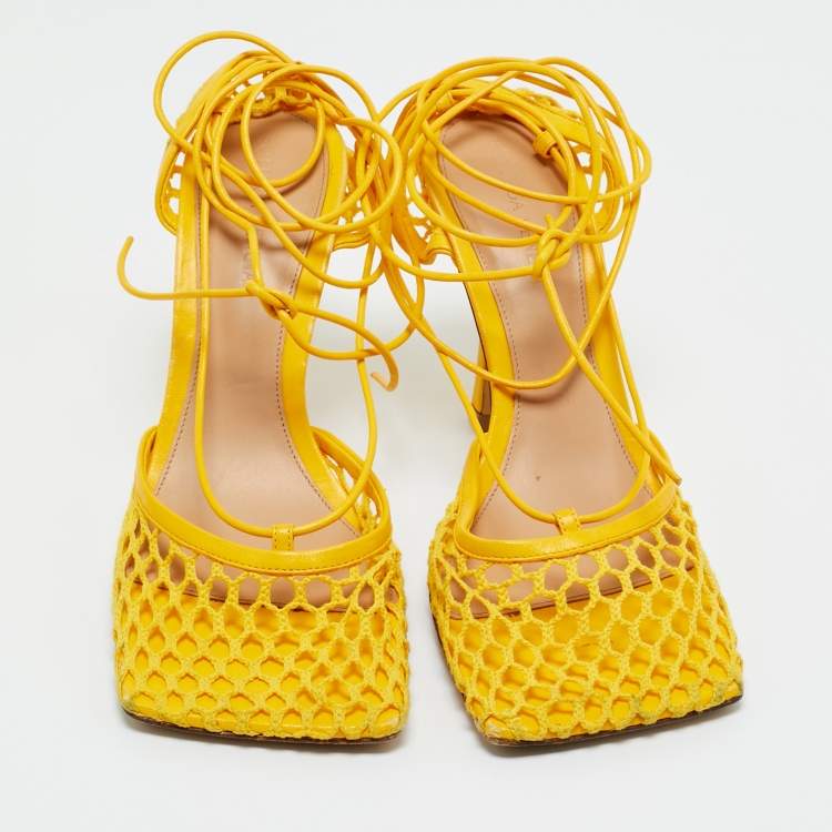 Pre Owned Bottega Veneta Yellow Leather And Mesh Ankle Wrap Pumps Size 37