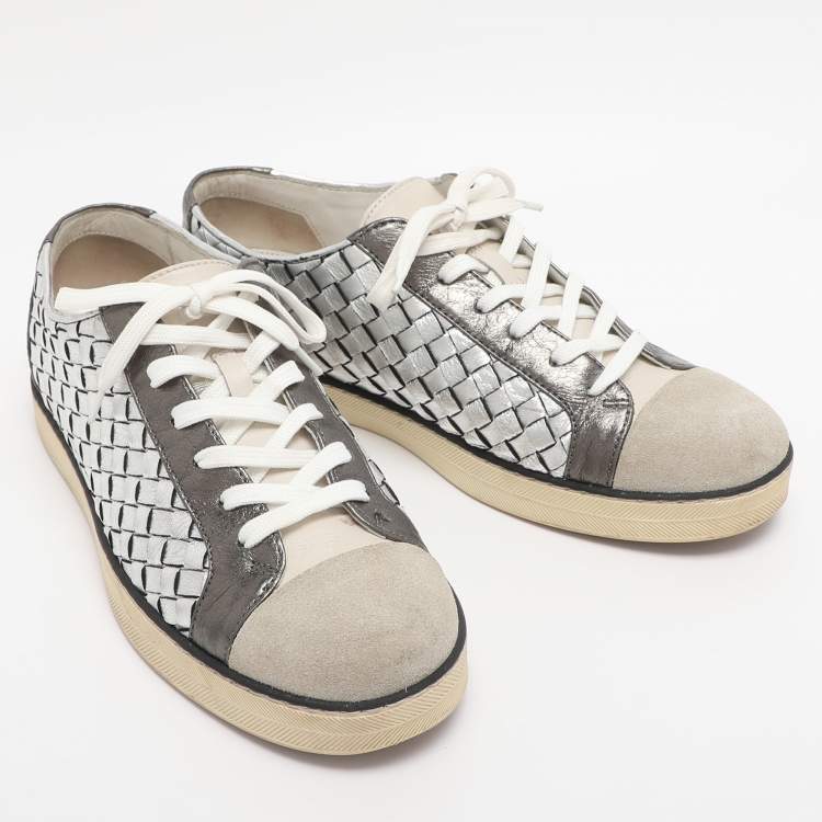 Pre Owned Bottega Veneta Metallic Intrecciato Leather Sail Sneakers Size 38.5