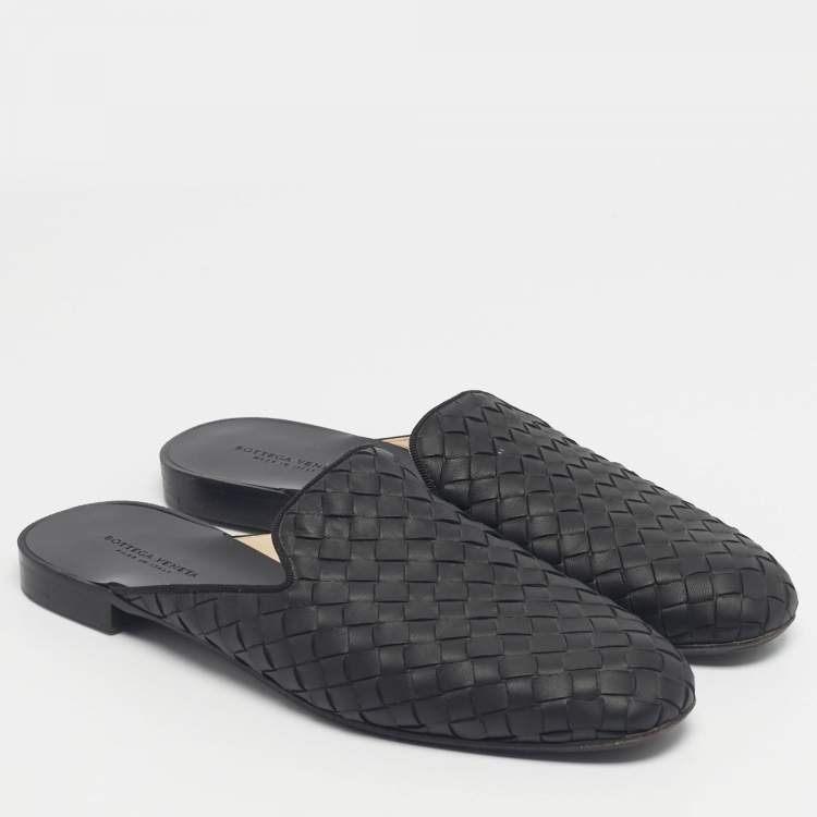 Pre Owned Bottega Veneta Black Leather Intrecciato Mules Size 36