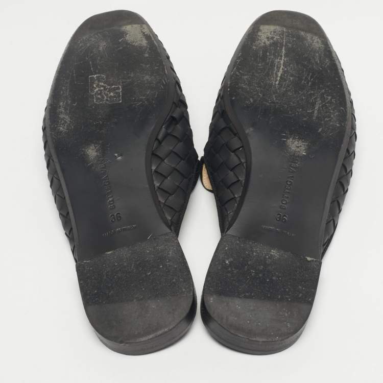 Pre Owned Bottega Veneta Black Leather Intrecciato Mules Size 36
