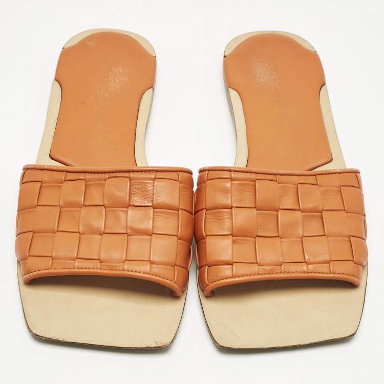 Pre Owned Bottega Veneta Orange Intrecciato Leather Flat Slide Sandals Size 36