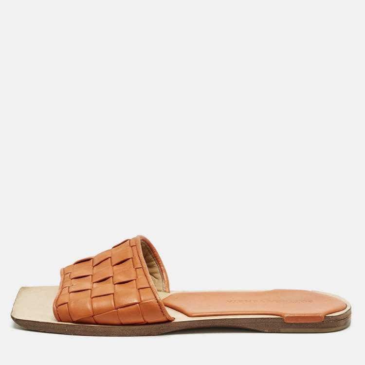 Pre Owned Bottega Veneta Orange Intrecciato Leather Flat Slide Sandals Size 36