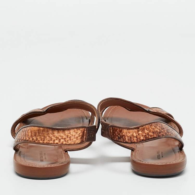 Pre Owned Bottega Veneta Metallic  Bronze Snakeskin Leather Ankle Strap Flats Size 40
