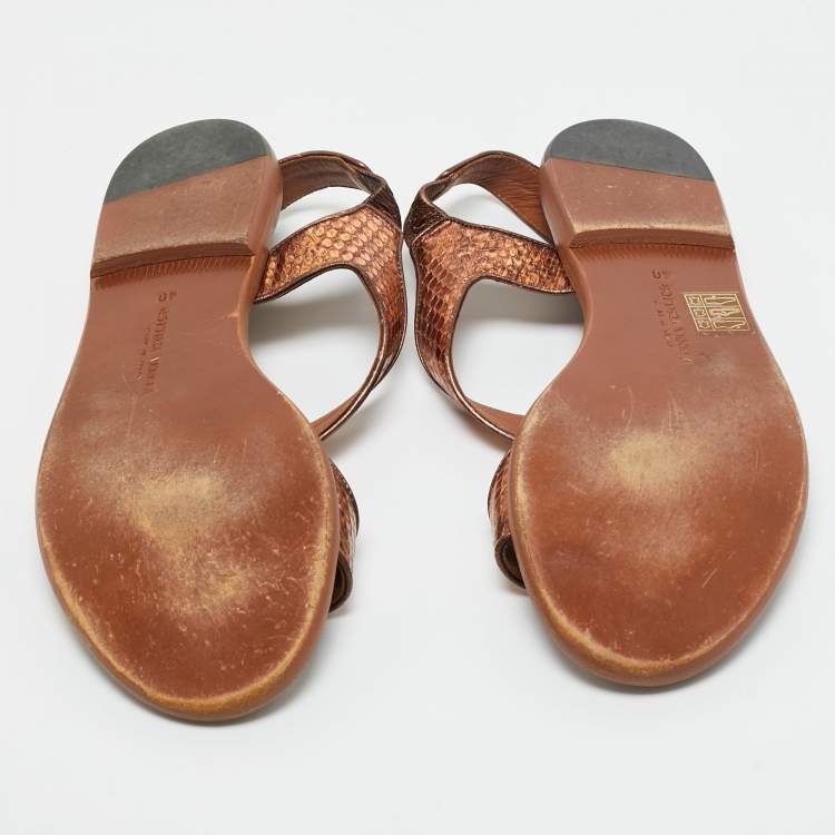 Pre Owned Bottega Veneta Metallic  Bronze Snakeskin Leather Ankle Strap Flats Size 40
