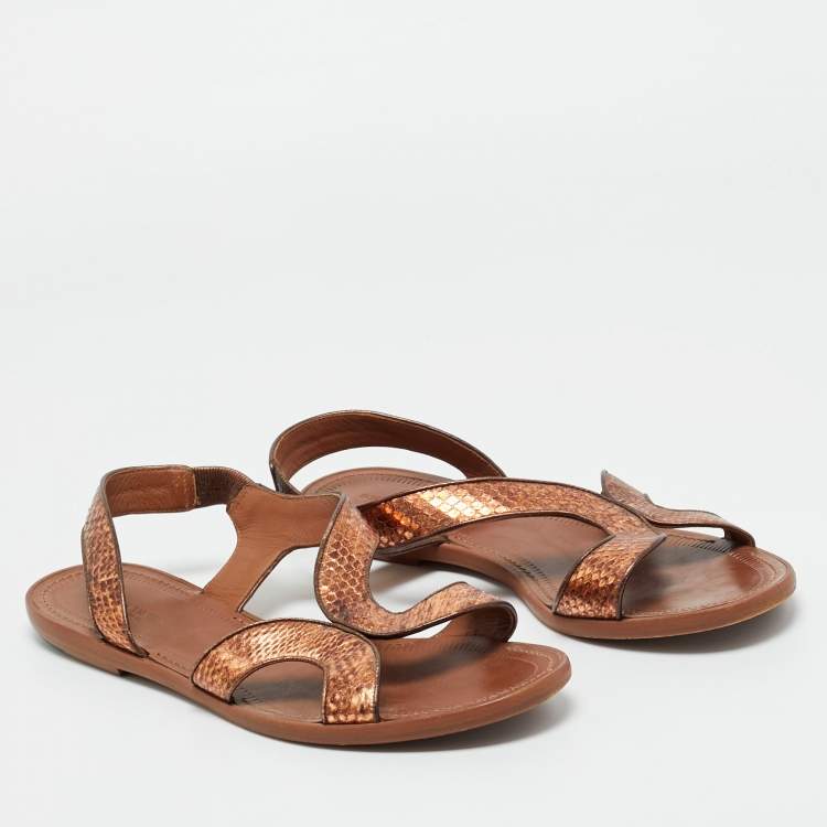 Pre Owned Bottega Veneta Metallic  Bronze Snakeskin Leather Ankle Strap Flats Size 40