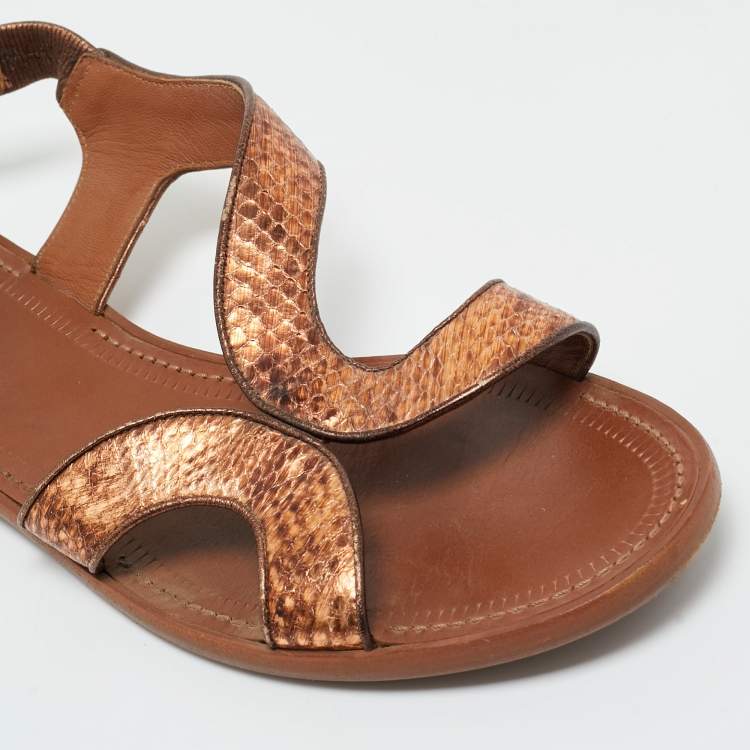 Pre Owned Bottega Veneta Metallic  Bronze Snakeskin Leather Ankle Strap Flats Size 40