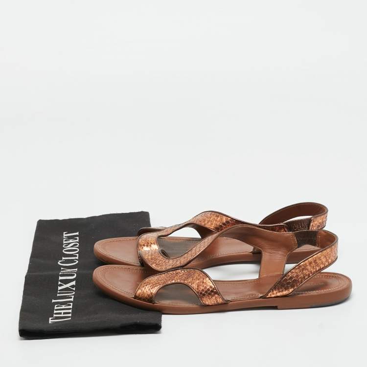 Pre Owned Bottega Veneta Metallic  Bronze Snakeskin Leather Ankle Strap Flats Size 40