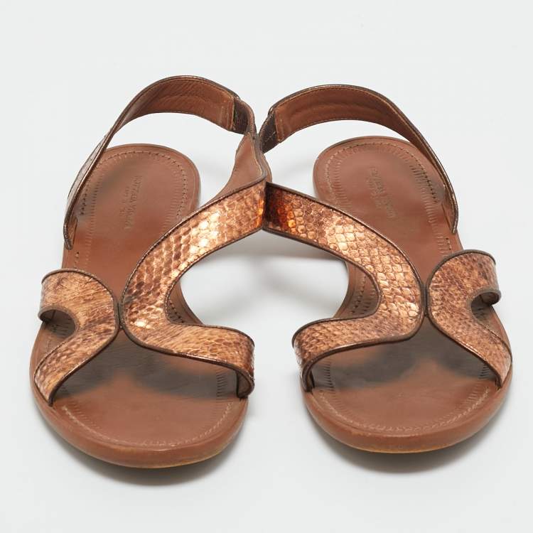 Pre Owned Bottega Veneta Metallic  Bronze Snakeskin Leather Ankle Strap Flats Size 40