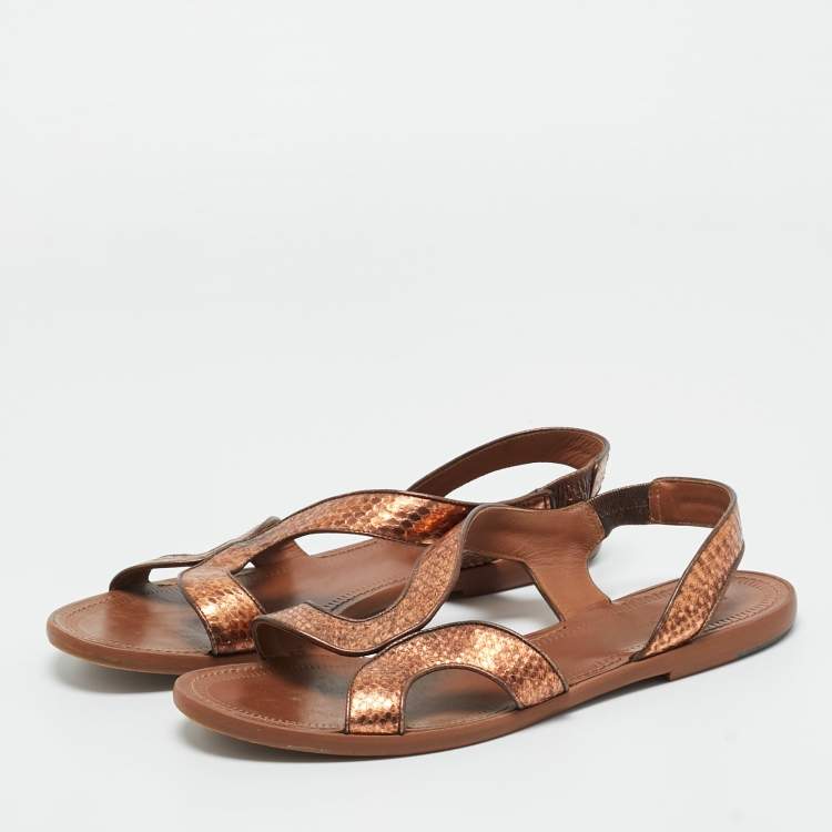 Pre Owned Bottega Veneta Metallic  Bronze Snakeskin Leather Ankle Strap Flats Size 40